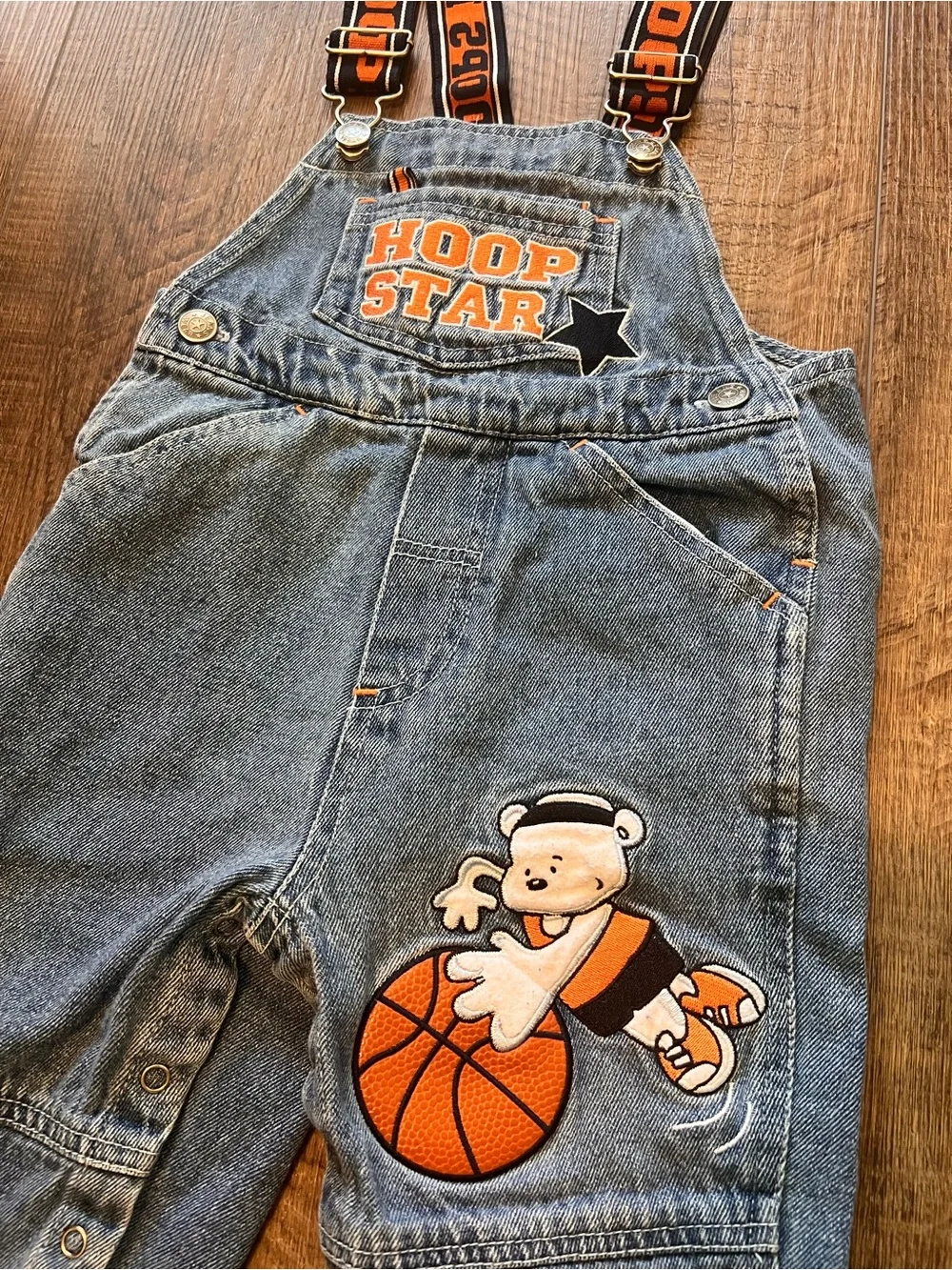 Vintage Hoop Star Kids Denim Overalls - Blue with Orange Accents